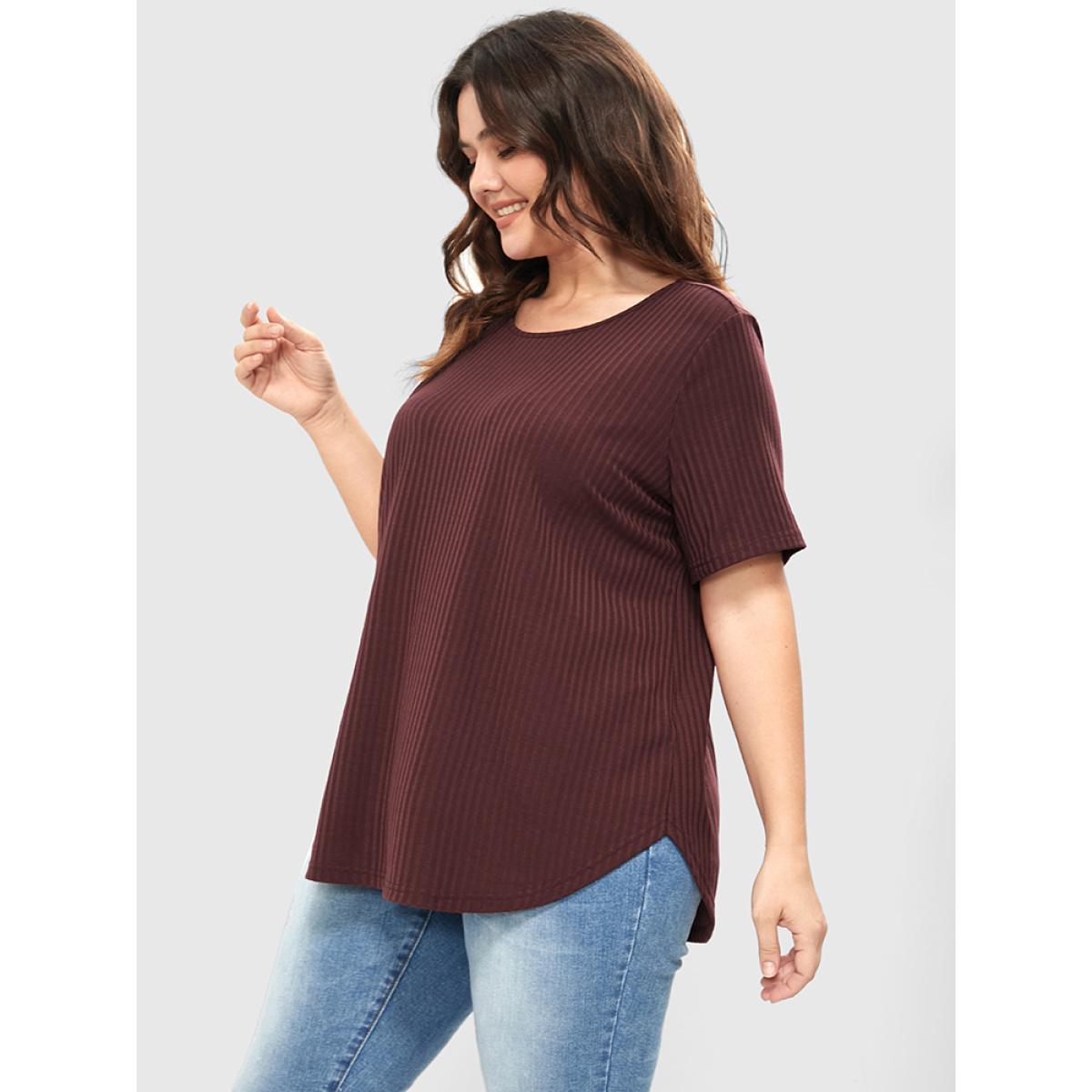 Plus Size Plain Button Back Rib Knit Tee Burgundy Women Elegant Button Plain Round Neck Dailywear T-shirts BloomChic 26/4X Product Image