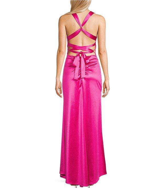 B. Darlin Sleeveless Satin X-Back Long Dress Product Image