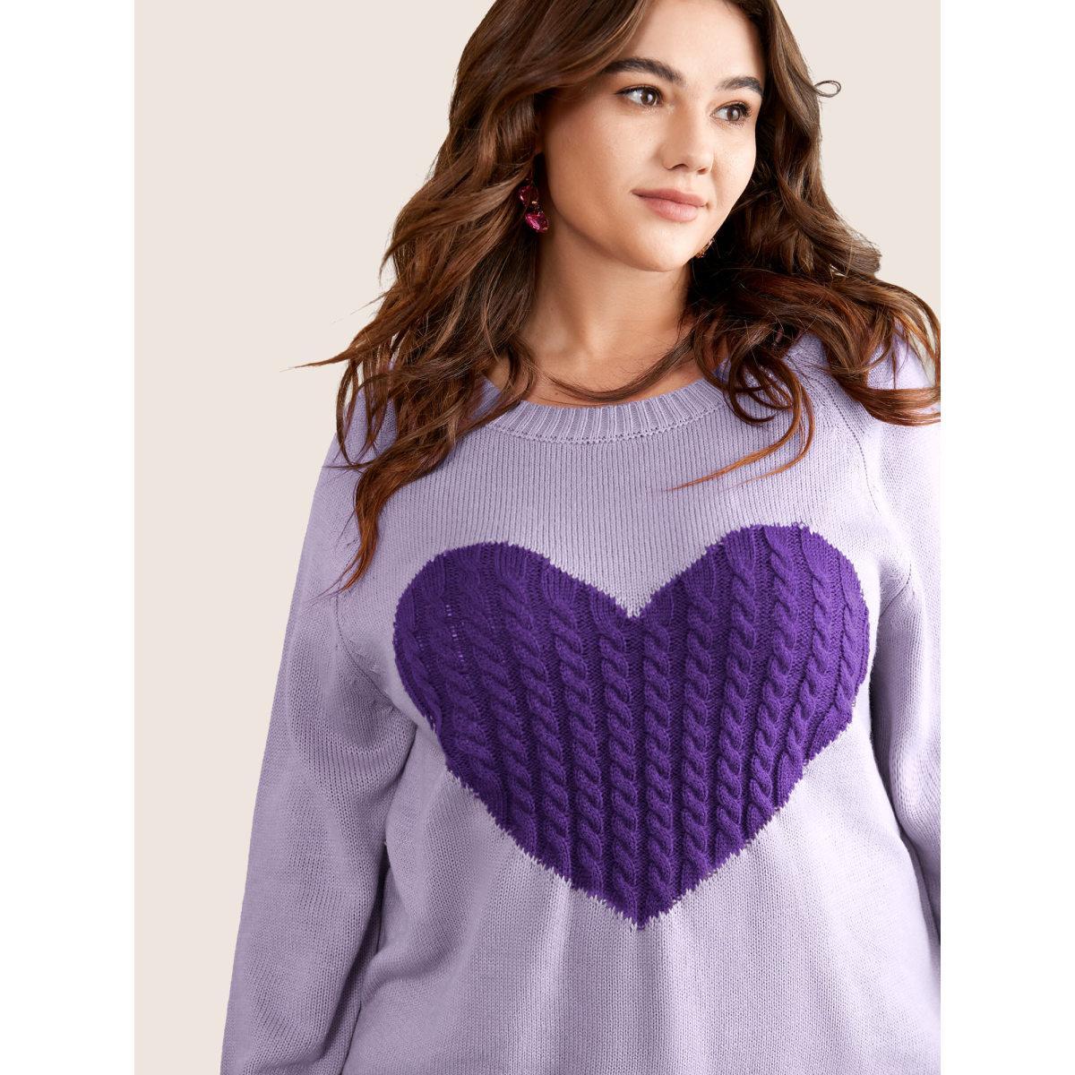Plus Size Heart Cable Knit Two Tone Raglan Sleeve Pullover Lilac Women Casual Long Sleeve Round Neck Everyday Pullovers BloomChic 28/5X Product Image