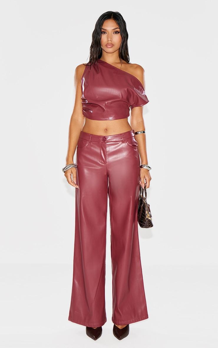 Burgundy Faux Leather Ruched One Shoulder Asymmetric Crop Top Product Image