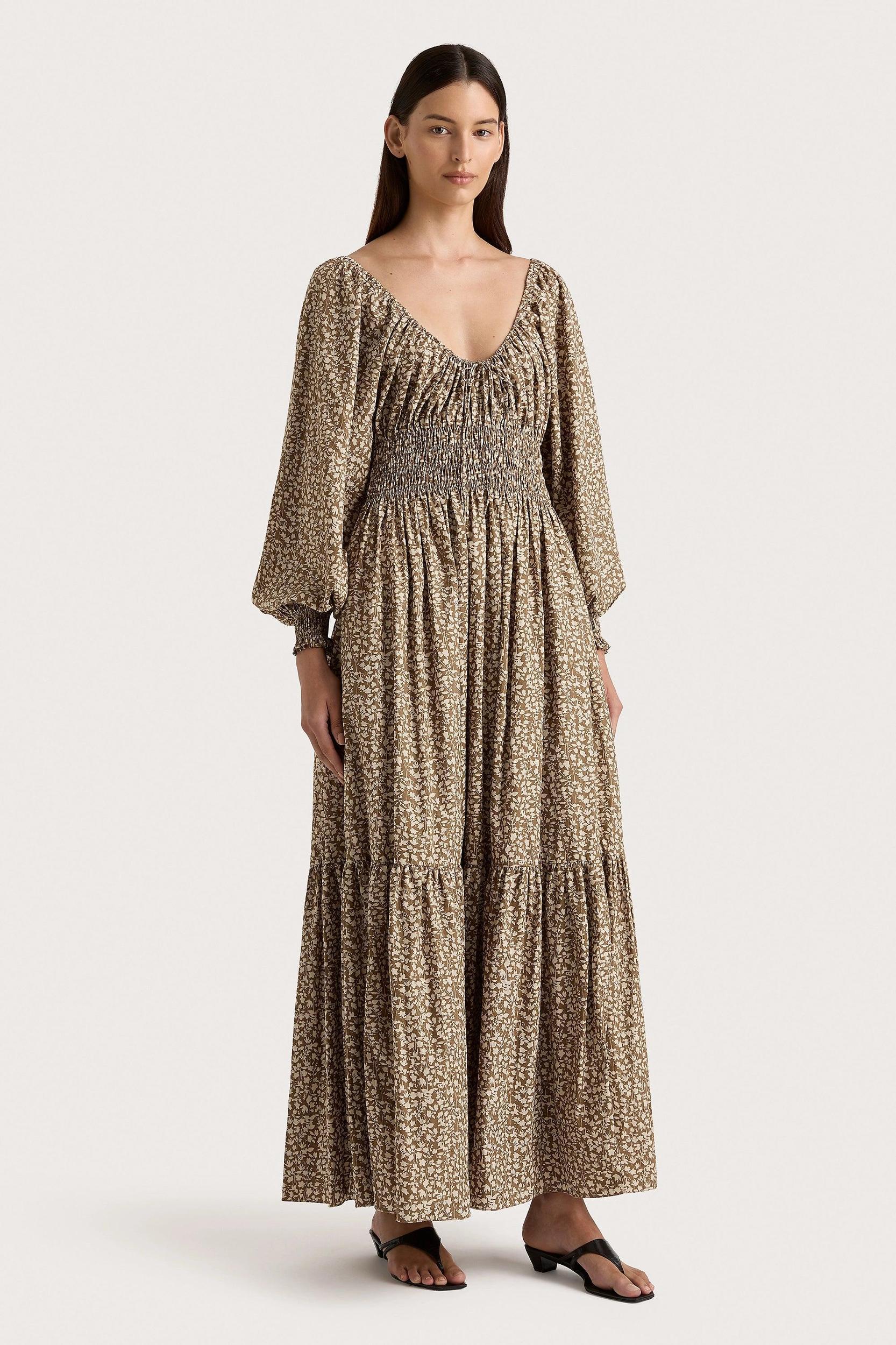 Fleur Maxi Dress Micro Leaves Walnut Product Image