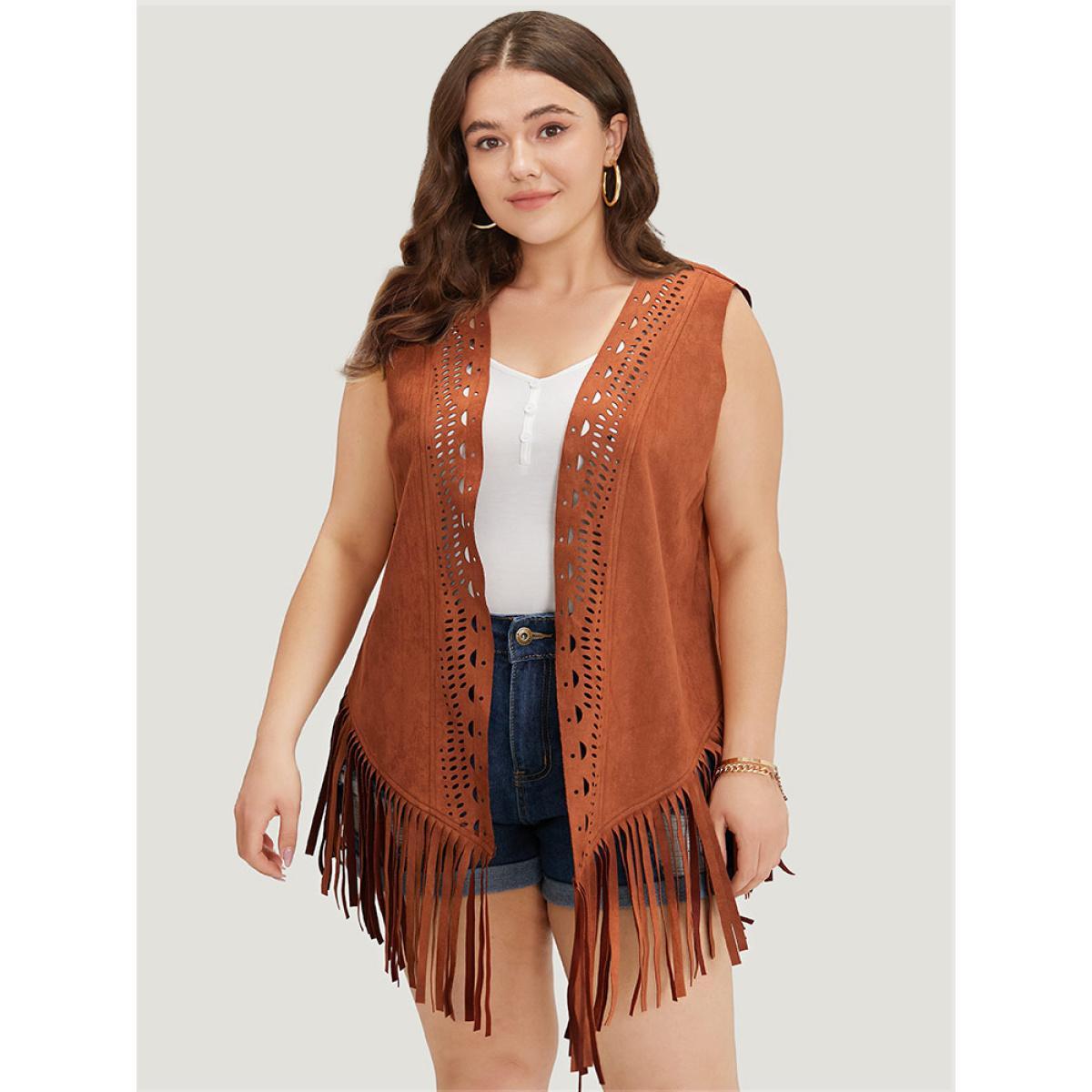 Plus Size Plain Laser Cut Tassel Trim Sleeveless Kimono Women Chocolate Vacation Tassels Dailywear Kimonos BloomChic 28/5X Product Image