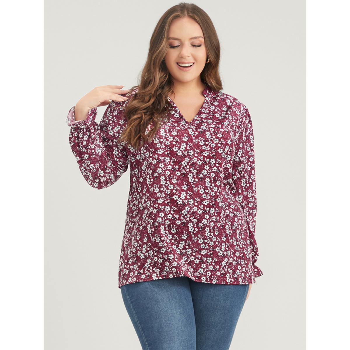 Plus Size Burgundy Floral Lantern Sleeve Arc Hem V Neck Blouse Women Elegant Long Sleeve V-neck Dailywear Blouses BloomChic 18-20/2X Product Image