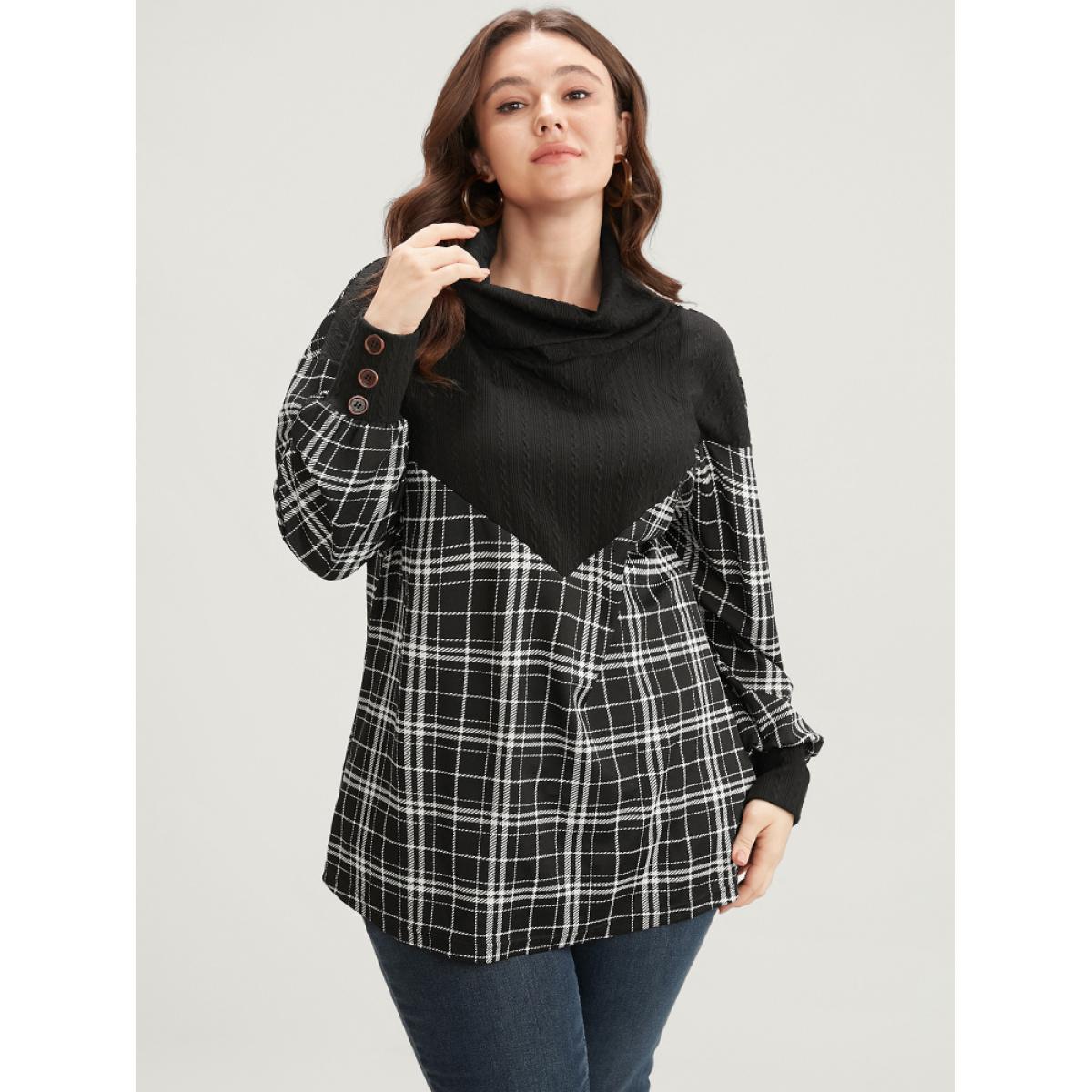 Plus Size Plaid Patchwork Button Detail Funnel Neck Sweatshirt Women Black Elegant Contrast Turtleneck Dailywear Sweatshirts BloomChic 30/6X Product Image