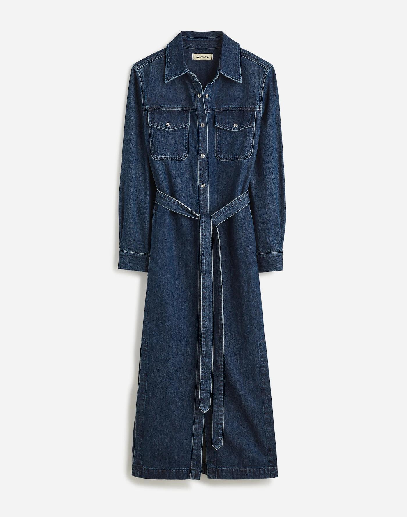 Denim Tie-Waist Midi Shirtdress in Avenida Wash Product Image