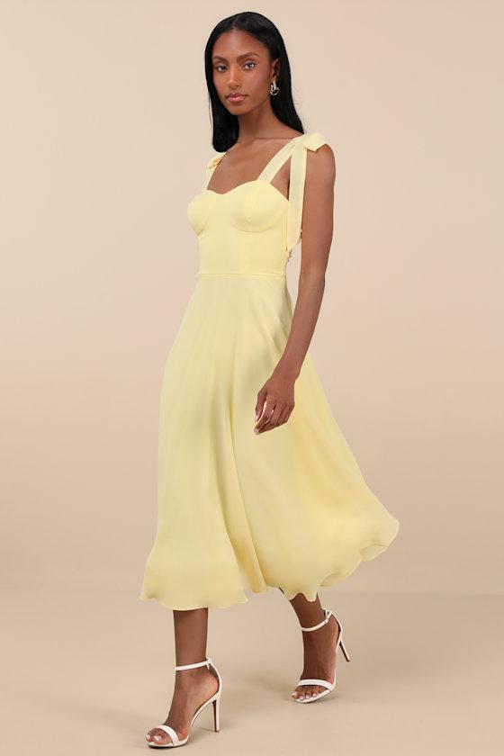 Sophisticated Charisma Light Yellow Tie-Strap A-Line Midi Dress Product Image