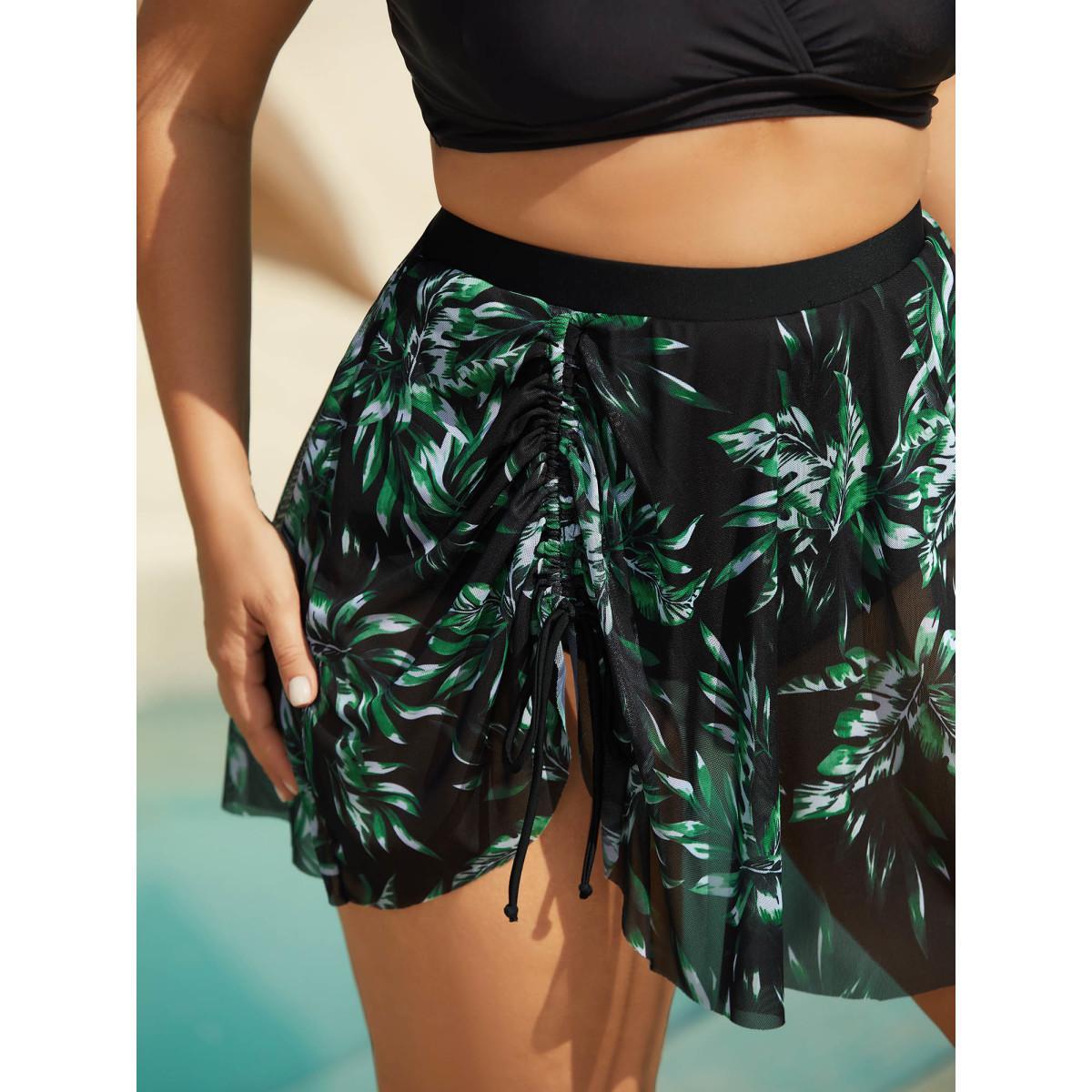 Plus Size Tropical Print Sheer Tied Swim Bottoms Women's Swimwear Truegreen Beach Drawstring High stretch Bodycon High Rise Curve Swim Bottoms BloomChic 30/6X Product Image