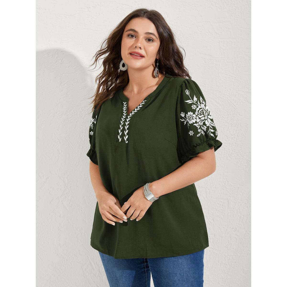 Plus Size ArmyGreen Notched Collar Embroidered Ruffled Blouse Women Half Sleeve Flat collar with V-notch Everyday-Elegant Blouses BloomChic 12/L Product Image