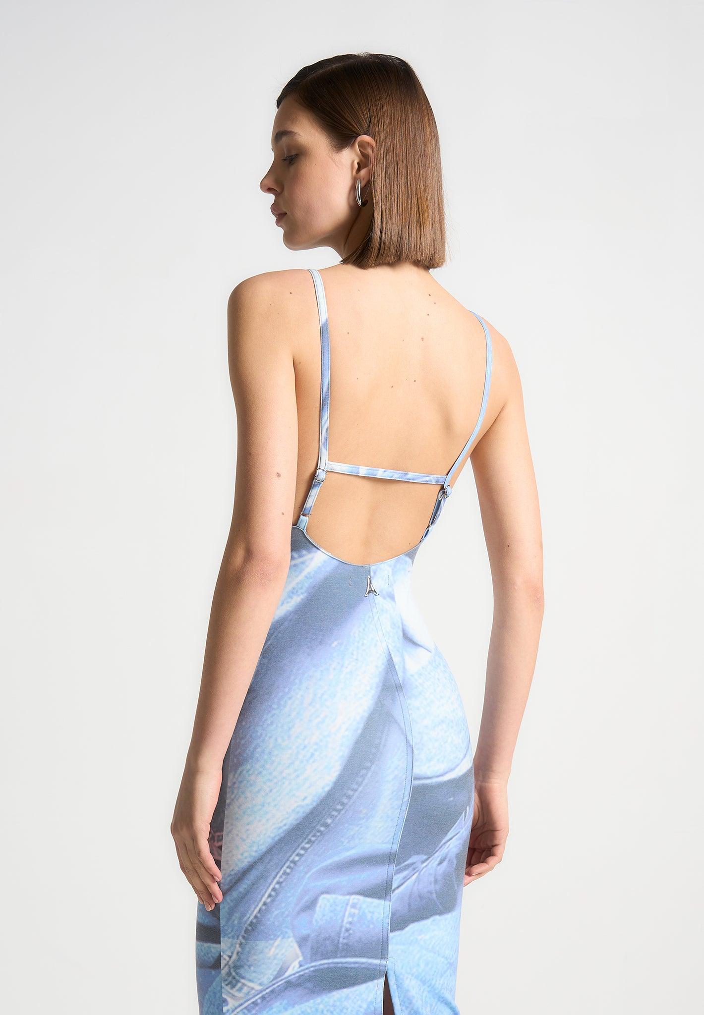 Printed Denim Effect Maxi Dress - Blue Female Product Image