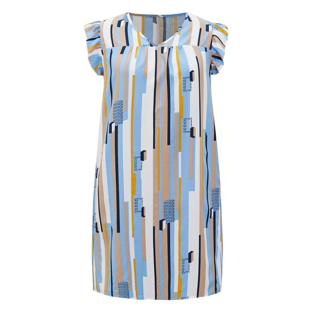 Plus Size Geometric Print V Neck Pocket Flutter Cap Sleeve Midi Dress Multicolor Women Elegant Ruffles V-neck Cap Sleeve Curvy Knee Dress BloomChic 22-24/3X Product Image