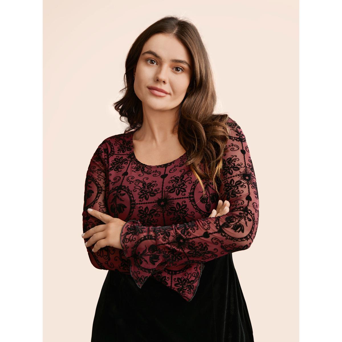 Plus Size Gothic Flocked Mesh Midi Dress Burgundy Women Cocktail Texture Party Curvy Bloomchic 14-16/1X Product Image