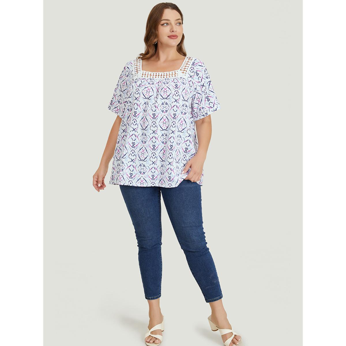 Plus Size White Geometric Print Square Neck Guipure Lace Blouse Women Elegant Short sleeve Square Neck Dailywear Blouses BloomChic 22-24/3X Product Image