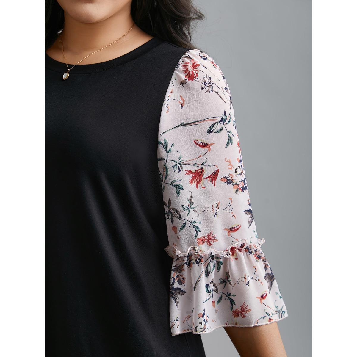 Plus Size Floral Print Patchwork Ruffle Sleeve T-Shirt Black Women Elegant Contrast Round Neck Everyday T-shirts BloomChic 26/4X Product Image