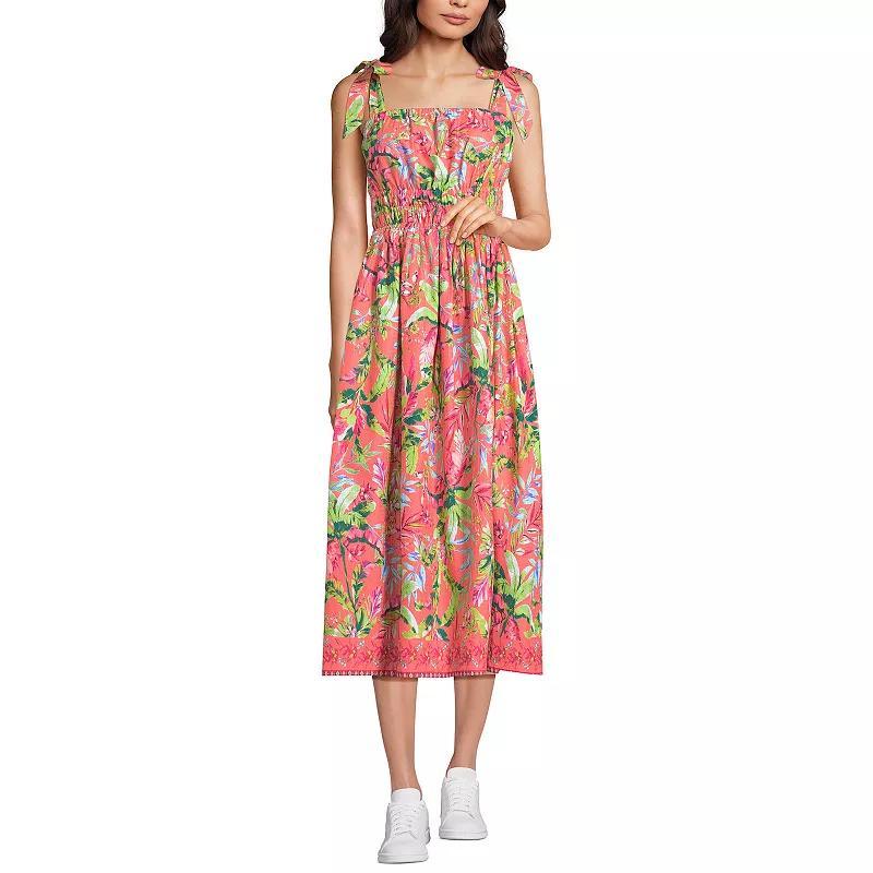 Womens Lands End Dobby Square Neck Tie Shoulder Midi Dress Pink Palm Border Product Image