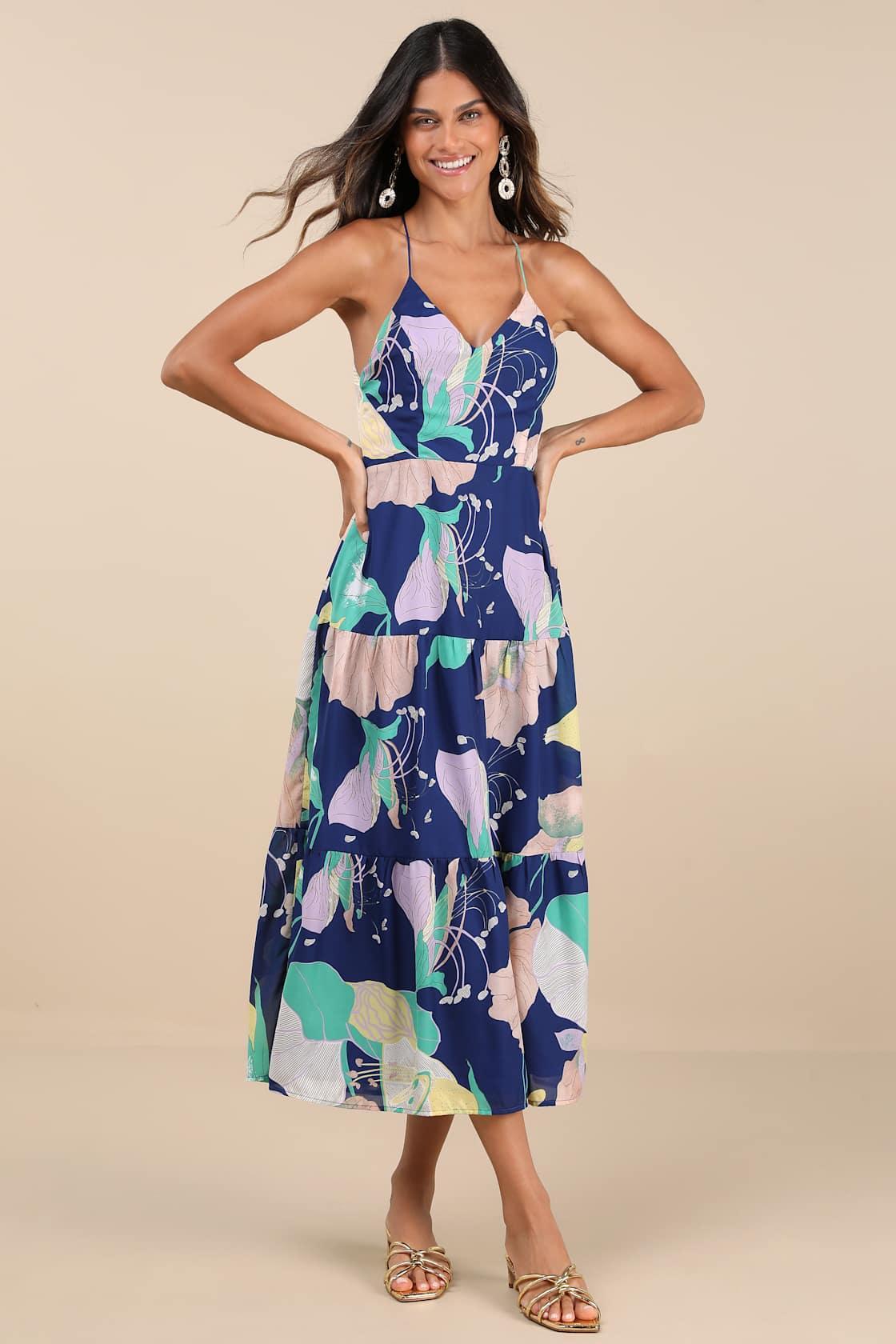 Hours of Flowers Blue Multi Floral Lace-Up Tiered Midi Dress Product Image