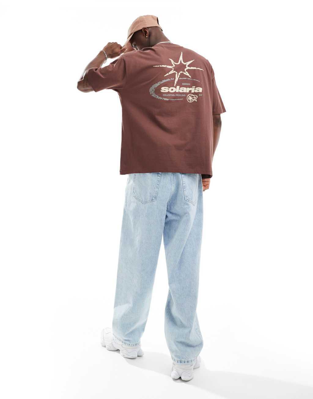 ASOS DESIGN oversized t-shirt with celestial back print in brown Product Image