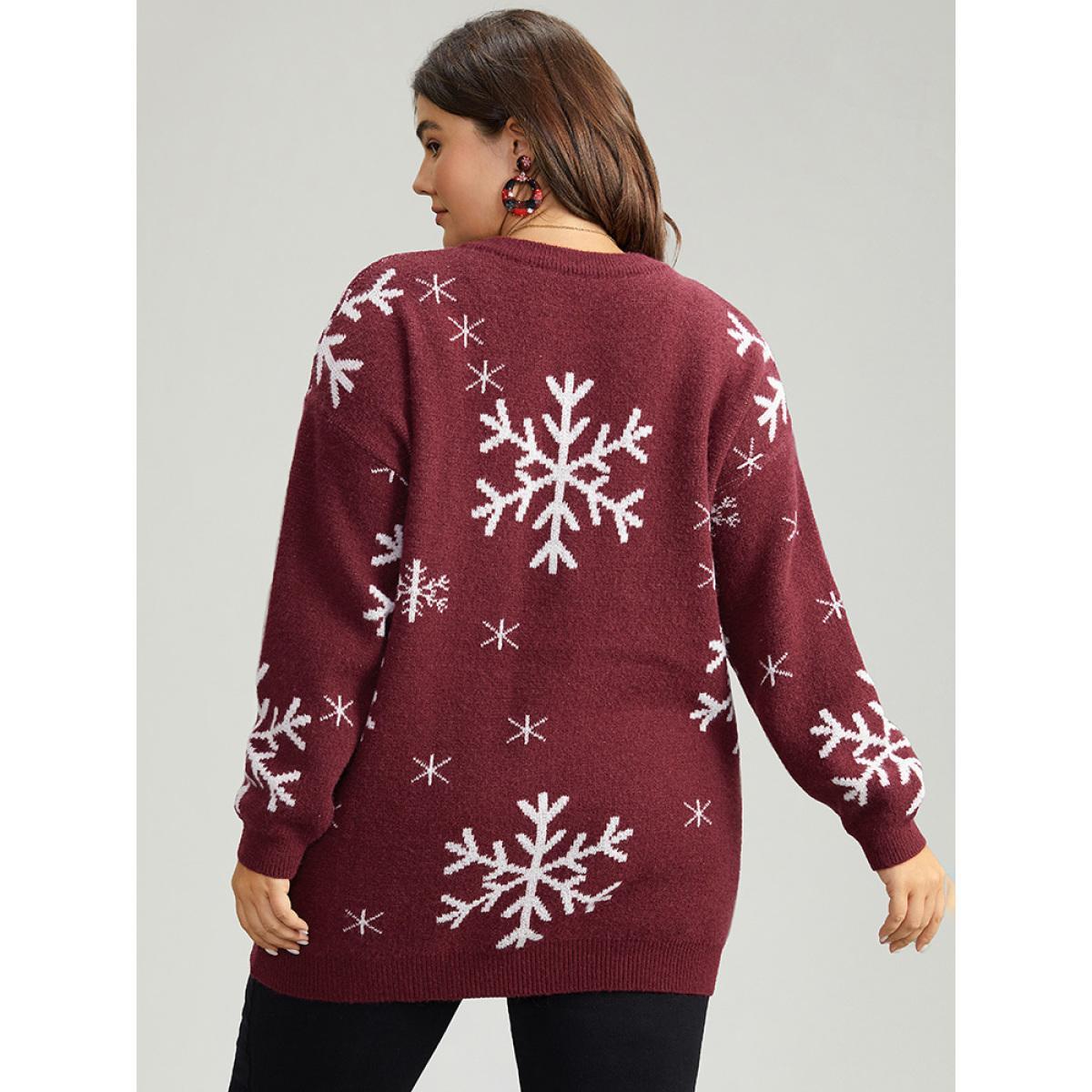 Plus Size Anti-Pilling Snowflake Print Pullover Scarlet Women Casual Loose Long Sleeve V-neck Dailywear Pullovers BloomChic 28/5X Product Image