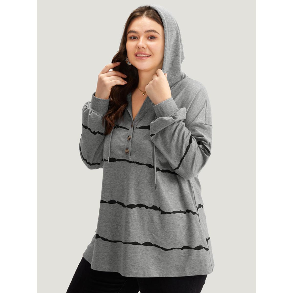 Plus Size Striped Drawstring Hooded Button Up Sweatshirt Women Gray Casual Elastic cuffs Hooded Dailywear Sweatshirts BloomChic 26/4X Product Image