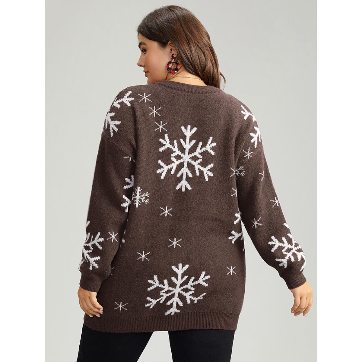 Plus Size Anti-Pilling Snowflake Print Pullover Green Women Casual Loose Long Sleeve V-neck Dailywear Pullovers BloomChic 10/M Product Image