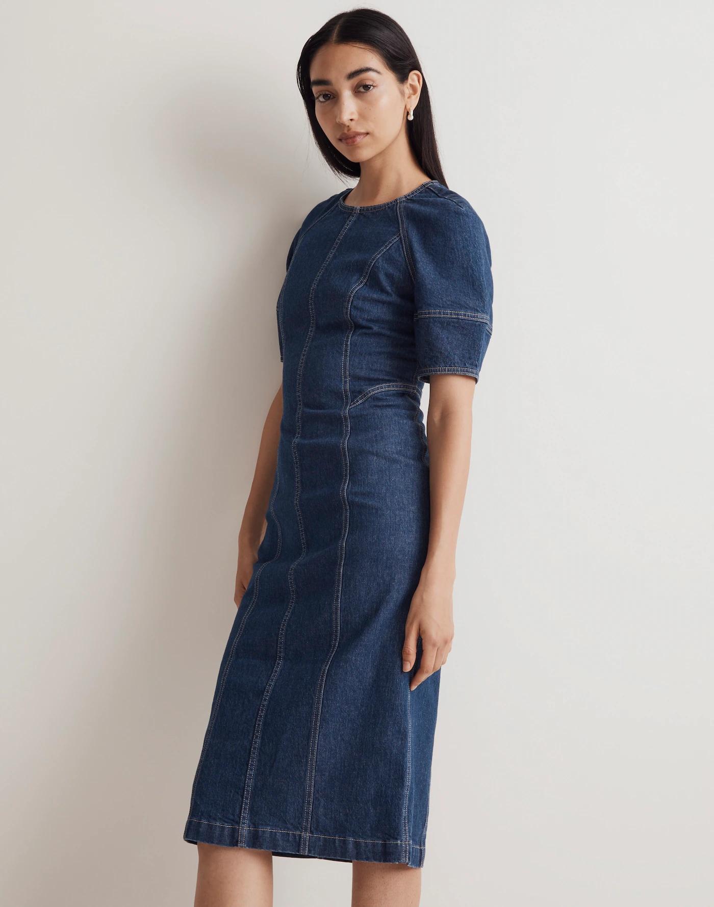 Denim Puff-Sleeve Midi Dress in Allister Wash Product Image