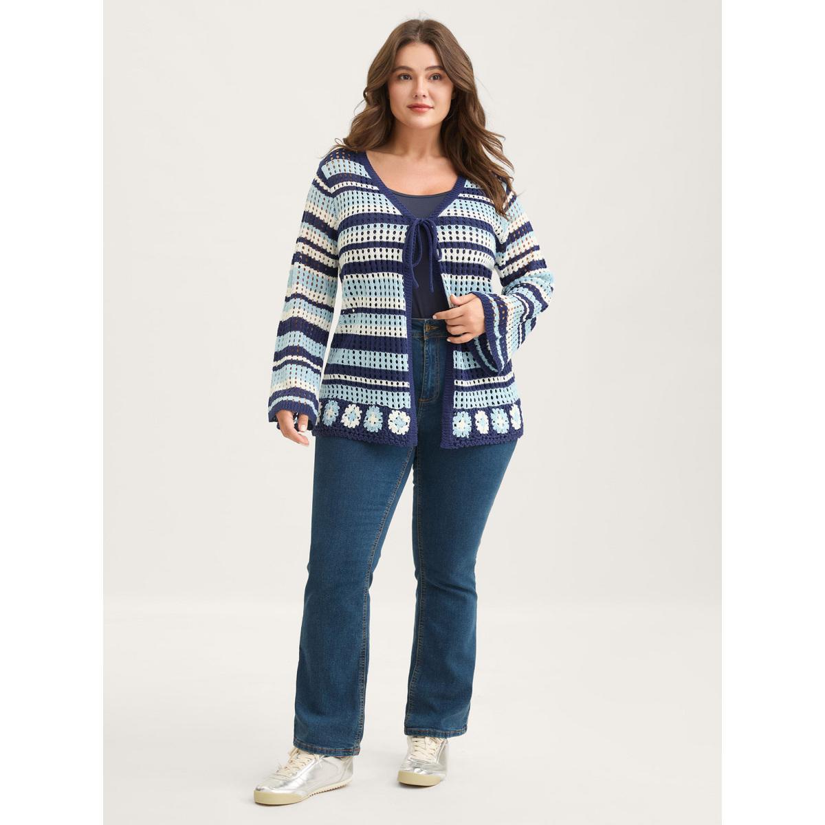 Plus Size Crochet Color Stripes Flared Sleeve Knit Cardigan Indigo Women Loose Long Sleeve Everyday-Casual Cardigans BloomChic 14-16/1X Product Image