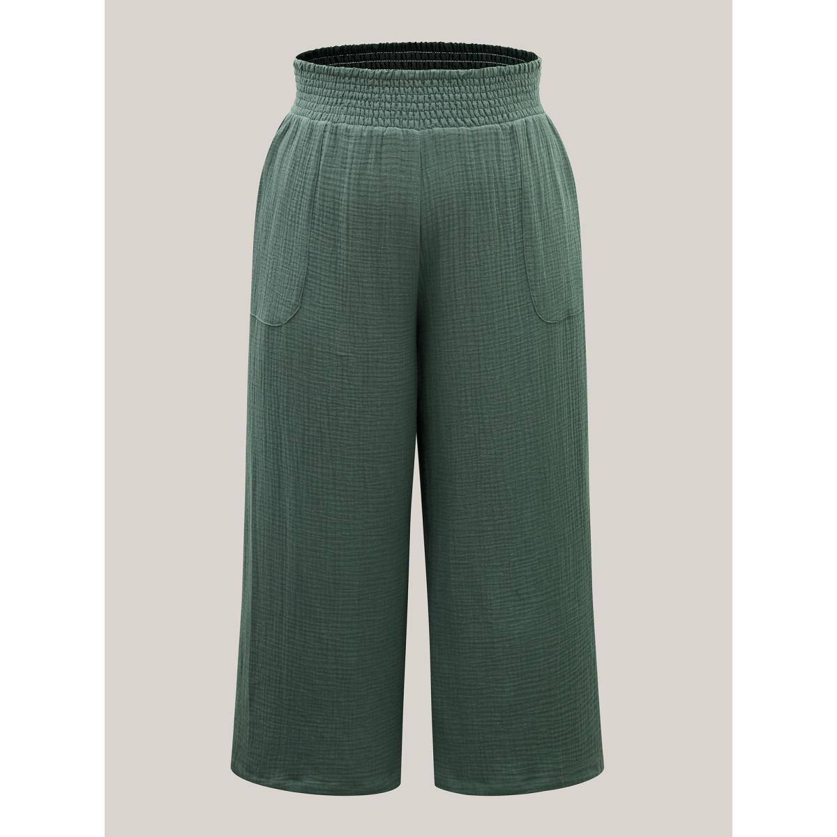 Plus Size Cotton Shirred Textured Wide-Leg Pants Women Teal Resort Wide Leg Mid Rise Vacation Pants BloomChic 22-24/3X Product Image