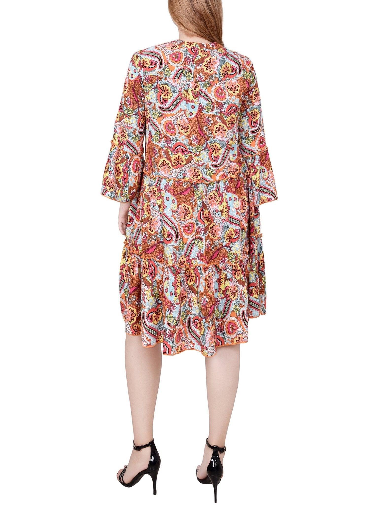 Blue Orange Paisley 3/4 Sleeve Tiered Dress - Petite Product Image