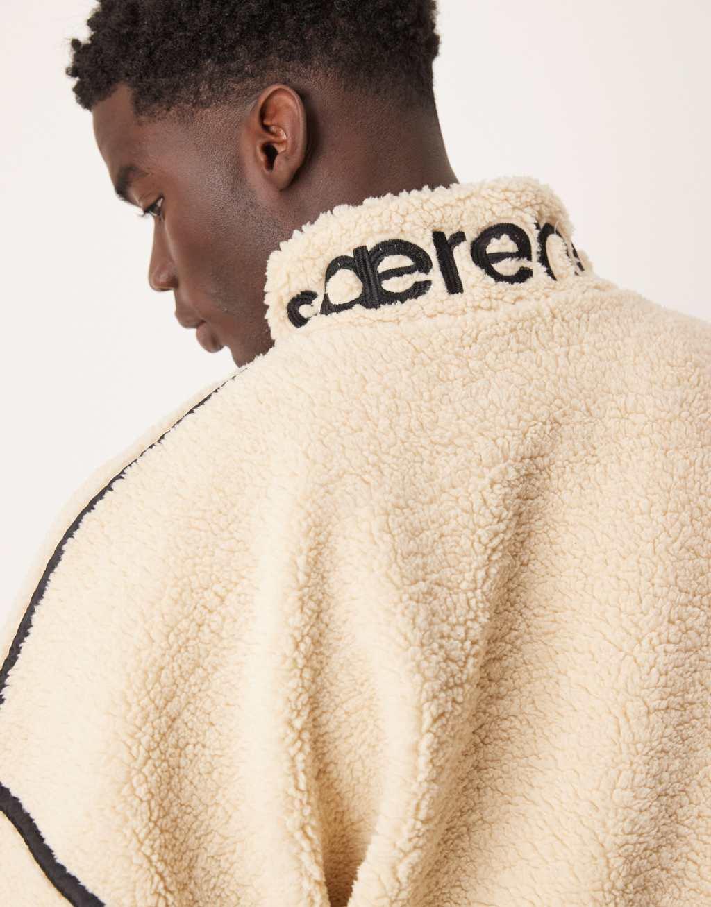 ASOS DESIGN extreme oversized boxy fleece sweater with half zip and embroidery in ecru borg Product Image
