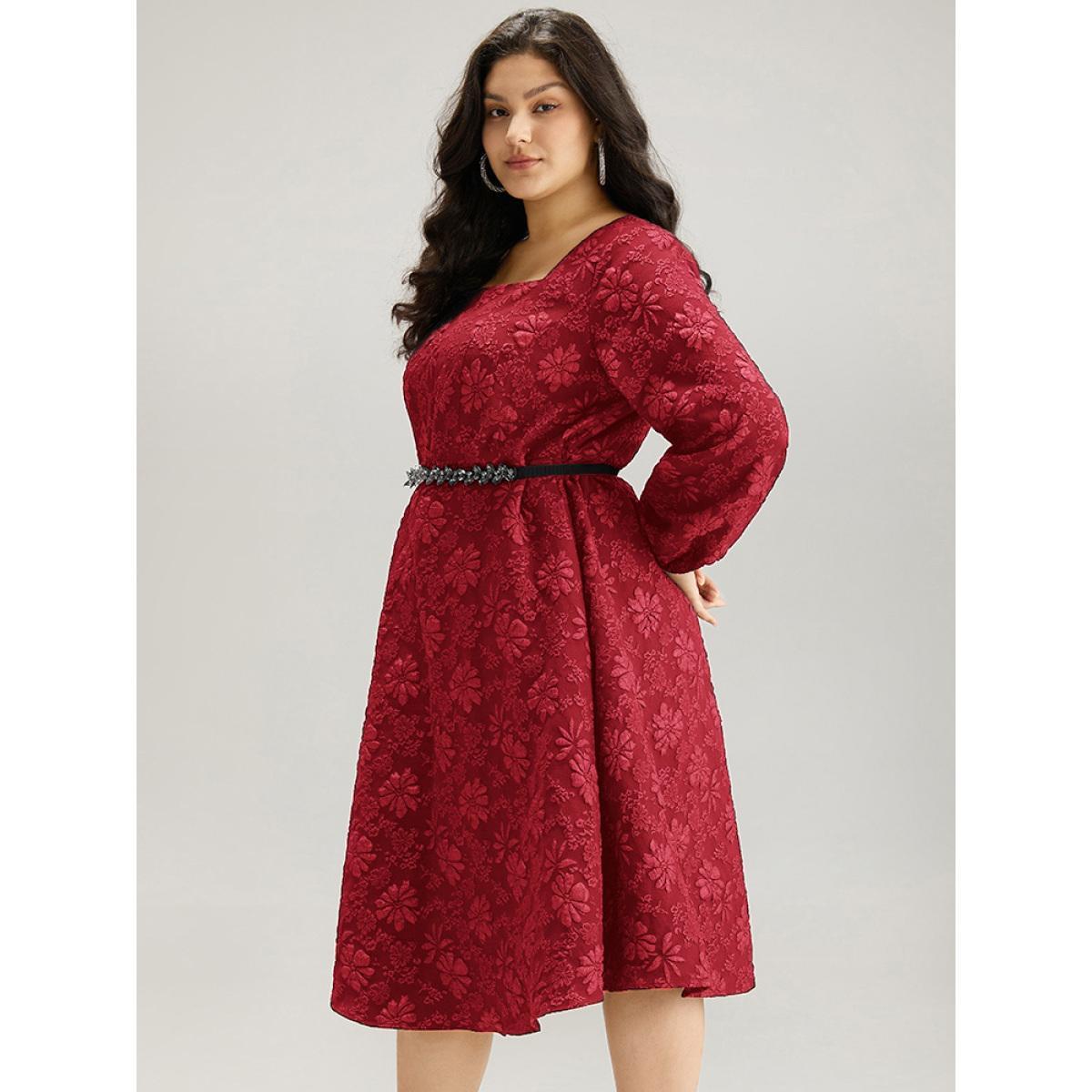 Plus Size Floral Print Plisse Pocket Lantern Sleeve Dress Raspberry Women Cocktail Elastic cuffs Square Neck Long Sleeve Curvy Midi Dress BloomChic 22-24/3X Product Image