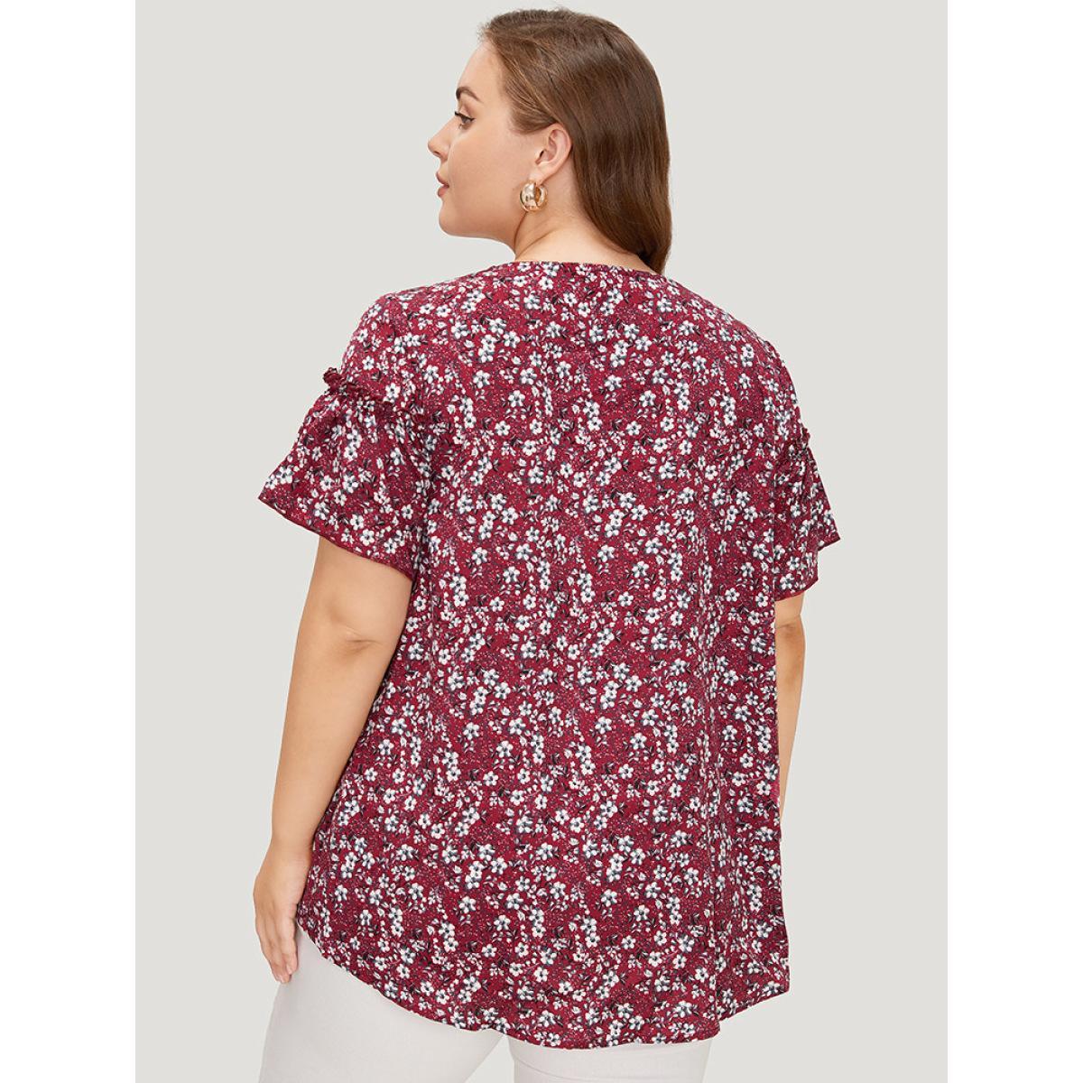 Plus Size Burgundy Ditsy Floral Frill Trim Gathered Ruffle Sleeve Blouse Women Elegant Short sleeve Round Neck Dailywear Blouses BloomChic 26/4X Product Image