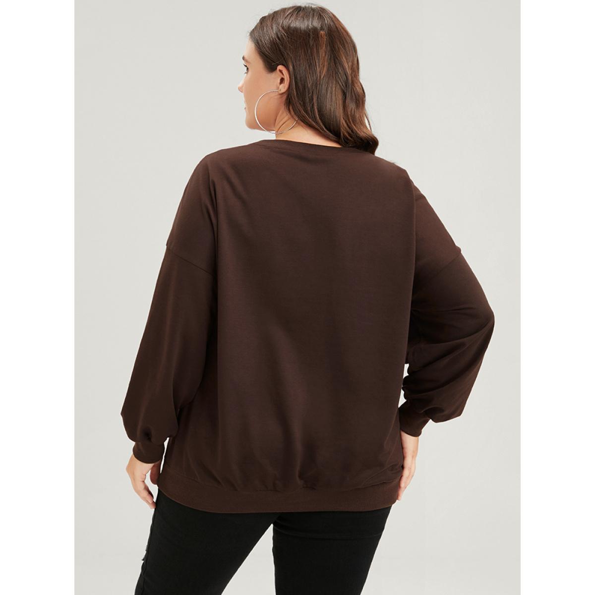 Plus Size Heart & Leopard Print Drop Shoulder Sweatshirt Women DarkBrown Casual Plain Round Neck Dailywear Sweatshirts BloomChic 18-20/2X Product Image