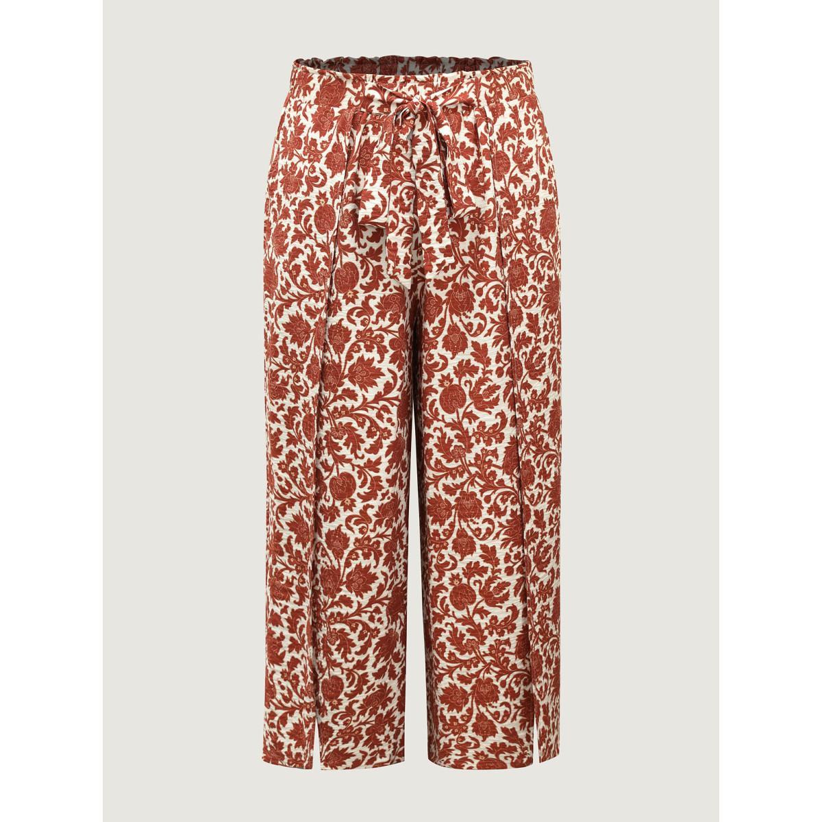 Plus Size Boho Overlap Slit Belted Wide-Leg Pants Women Rust Resort Loose Mid Rise Vacation Pants BloomChic 12/L Product Image