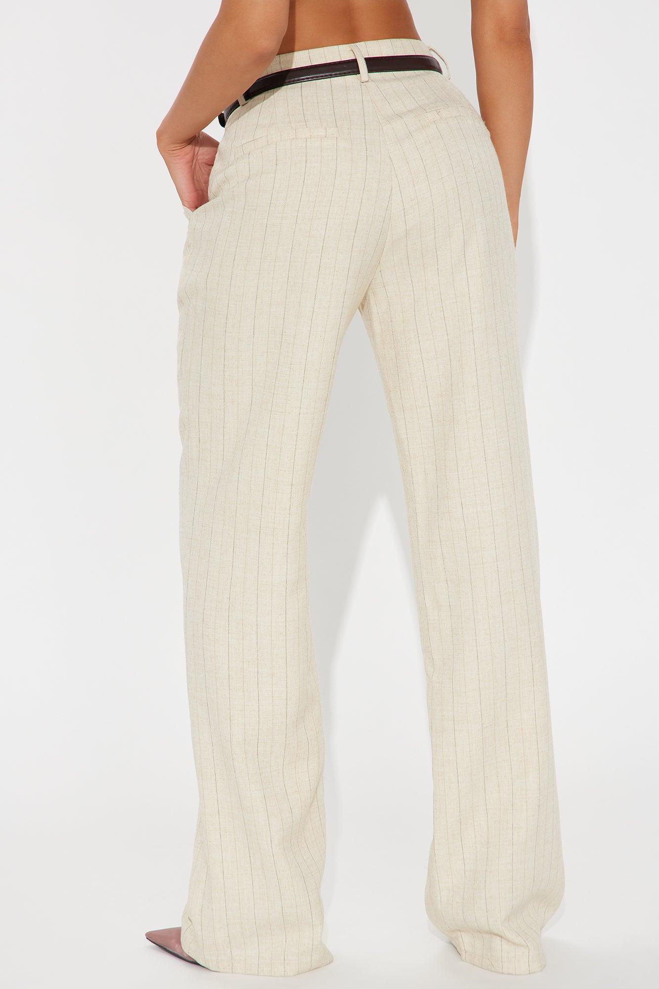 Faith Belted Pinstripe Trouser Pant - Cream Product Image