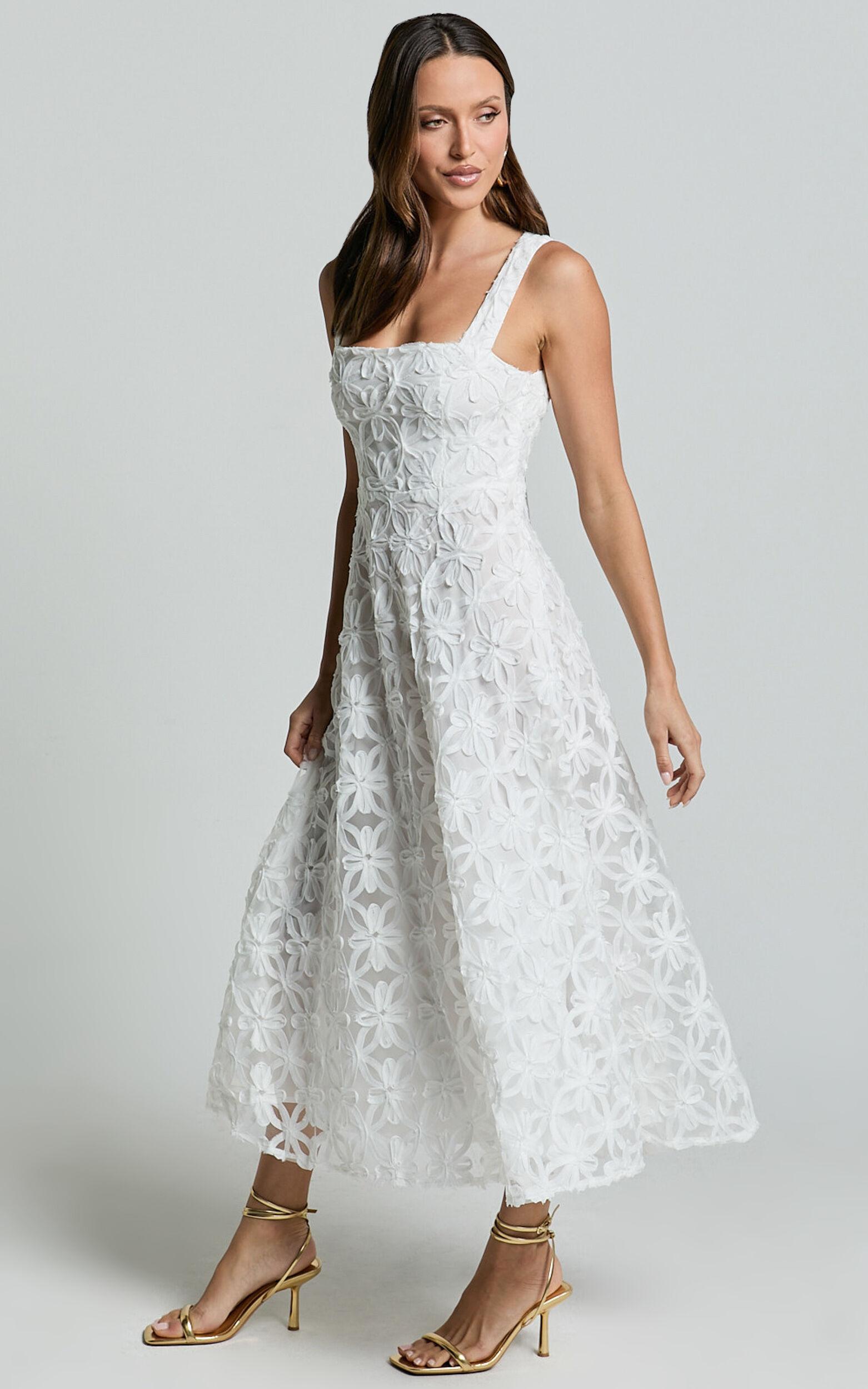 Clarissa Midi Dress - Square Neck Open Back A Line Dress in White Product Image