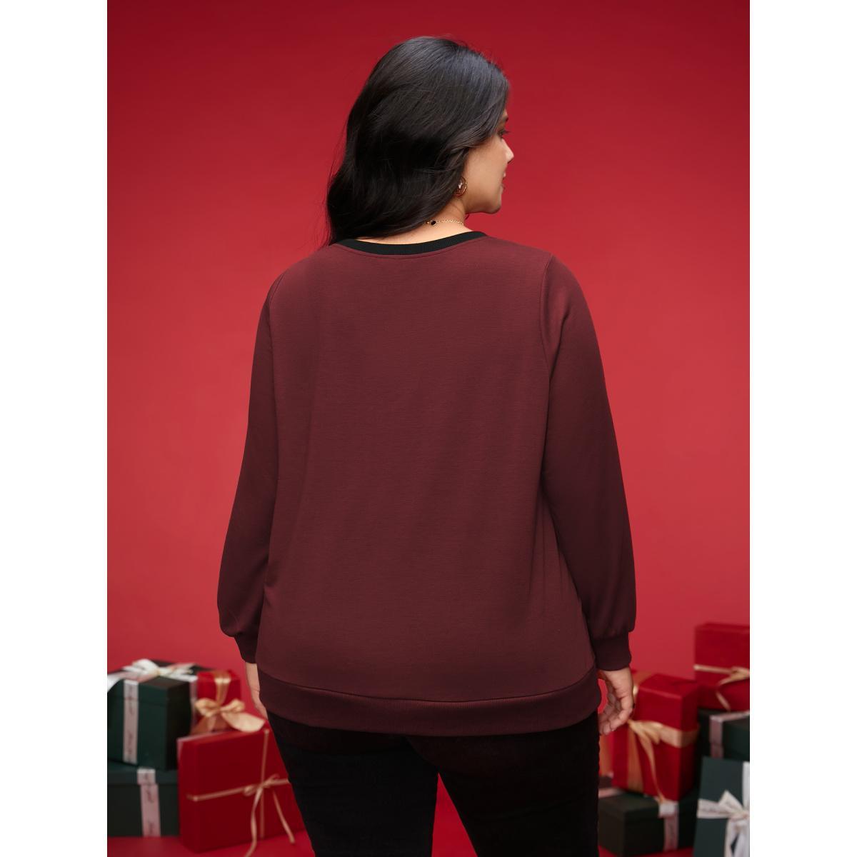 Plus Size Bow-tie Detailing High Neck Sweatshirt Women Burgundy Casual Contrast Round Neck Everyday Sweatshirts BloomChic 12/L Product Image