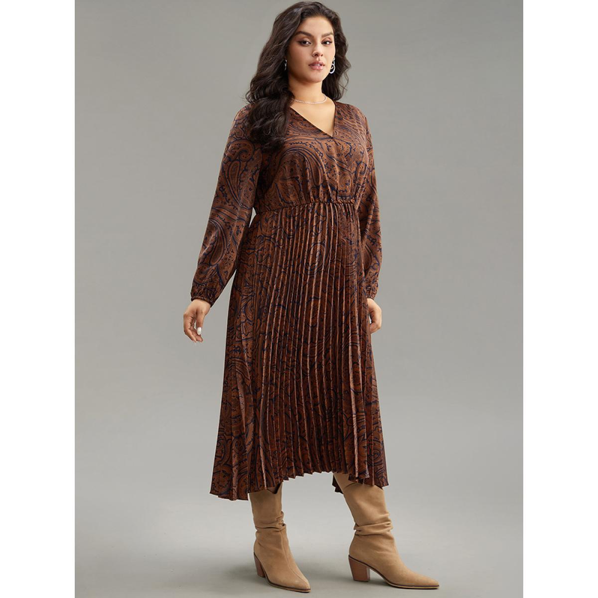 Plus Size Boho Print Pleated Elastic Waist Wrap Dress DarkBrown Women Vacation Elastic cuffs V-neck Long Sleeve Curvy Midi Dress BloomChic 18-20/2X Product Image