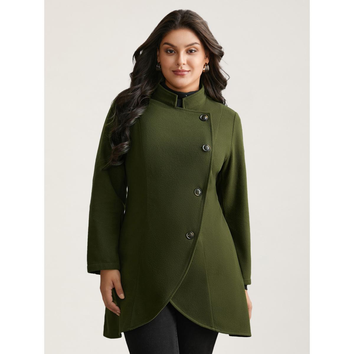 Plus Size Solid Wrap Button Up Asymmetrical Hem Coat Women ArmyGreen Elegant Button Ladies Everyday Winter Coats BloomChic 26/4X Product Image