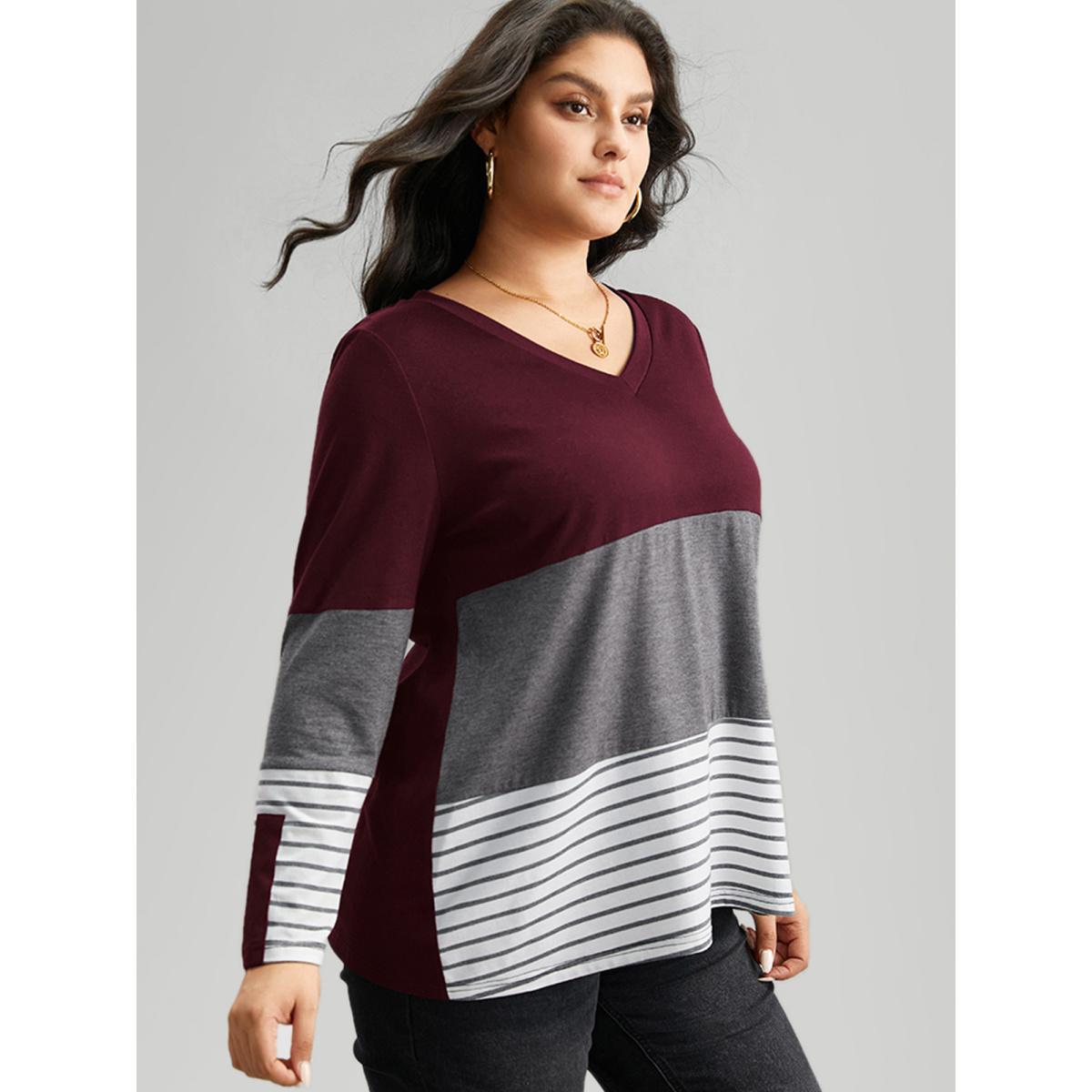 Plus Size Colorblock Contrast Striped V Neck T-shirt Burgundy Women Casual Contrast Striped V-neck Everyday T-shirts BloomChic 26/4X Product Image