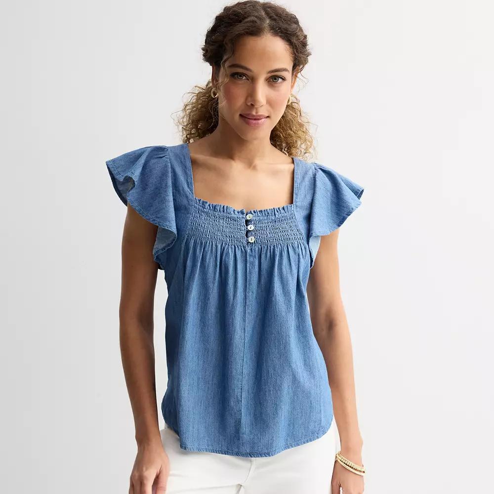 Women's Draper James Flutter Sleeve Smocked Top, Size: XXL, Chambray Product Image
