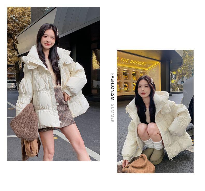 Hooded Plain Zip-Up Down Jacket Product Image