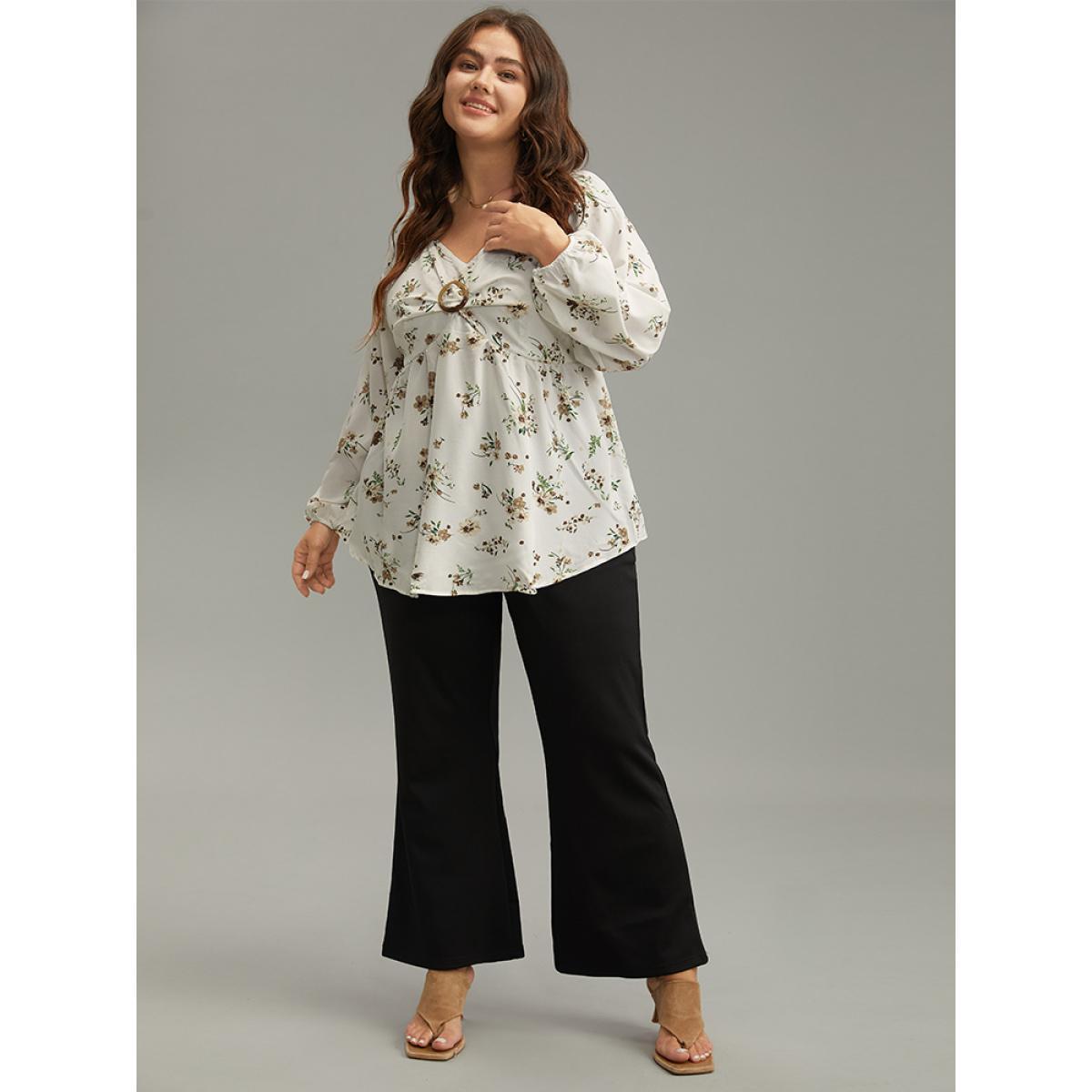 Plus Size Ivory Floral Print Buckle Detail Gathered Bell Sleeve Blouse Women Elegant Long Sleeve V-neck Dailywear Blouses BloomChic 30/6X Product Image