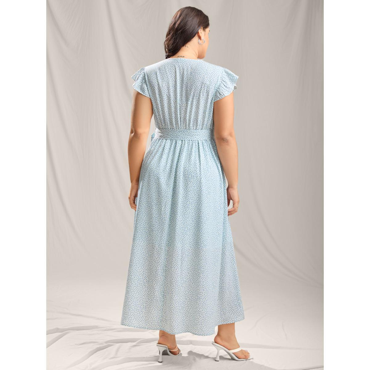 Plus Size Floral Print Slit Belted Maxi Dress LightBlue Women Overlap Collar Cap Sleeve Curvy BloomChic 22-24/3X Product Image