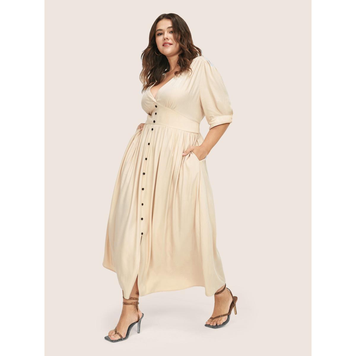 Plus Size Plunging Neck Button Detail Pocket Maxi Dress Beige Women Resort Gathered V-neck Short sleeve Curvy Long Dress BloomChic 16/1X Product Image