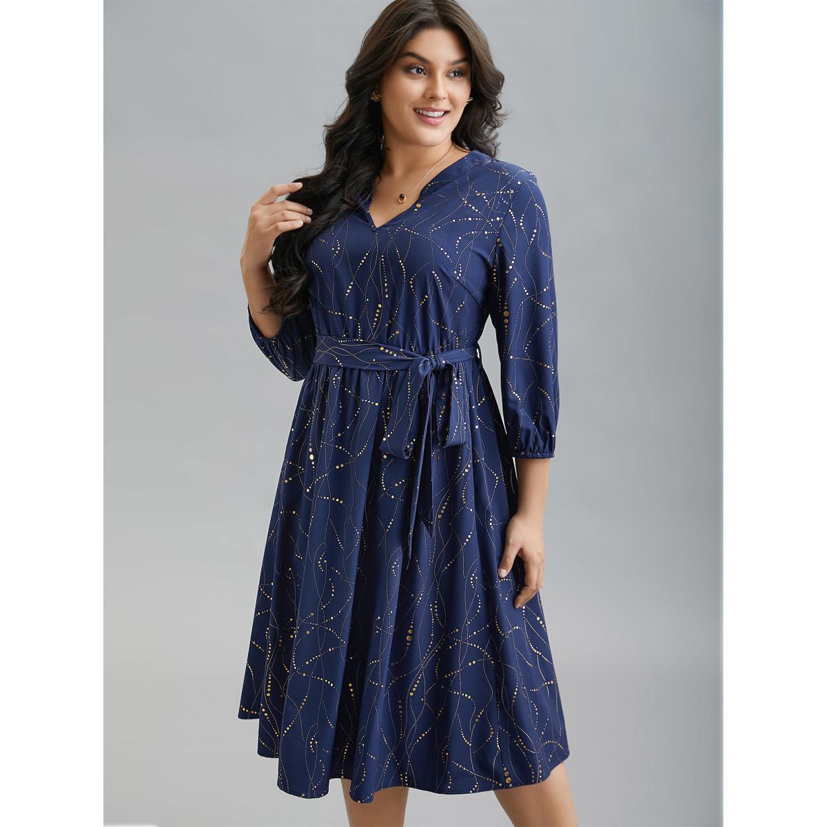 Plus Size Glitter Notched Collar Belted Midi Dress Indigo Women Elegant Texture Notched collar Elbow-length sleeve Curvy BloomChic 26/4X Product Image