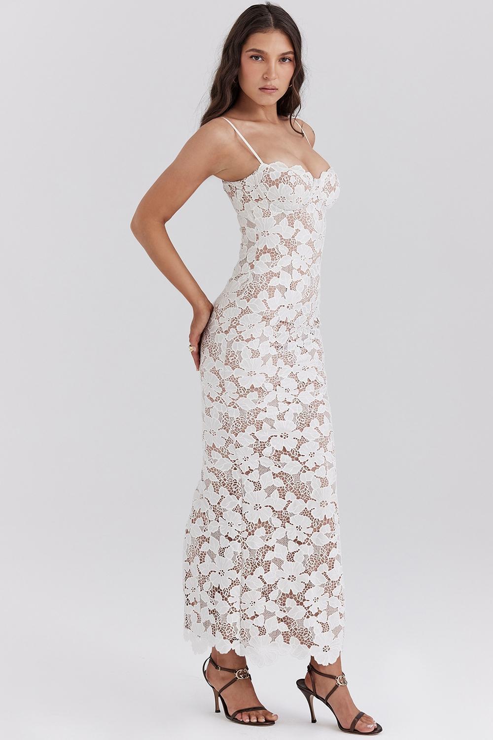 Pearl  white floral embroidered maxi dress Product Image