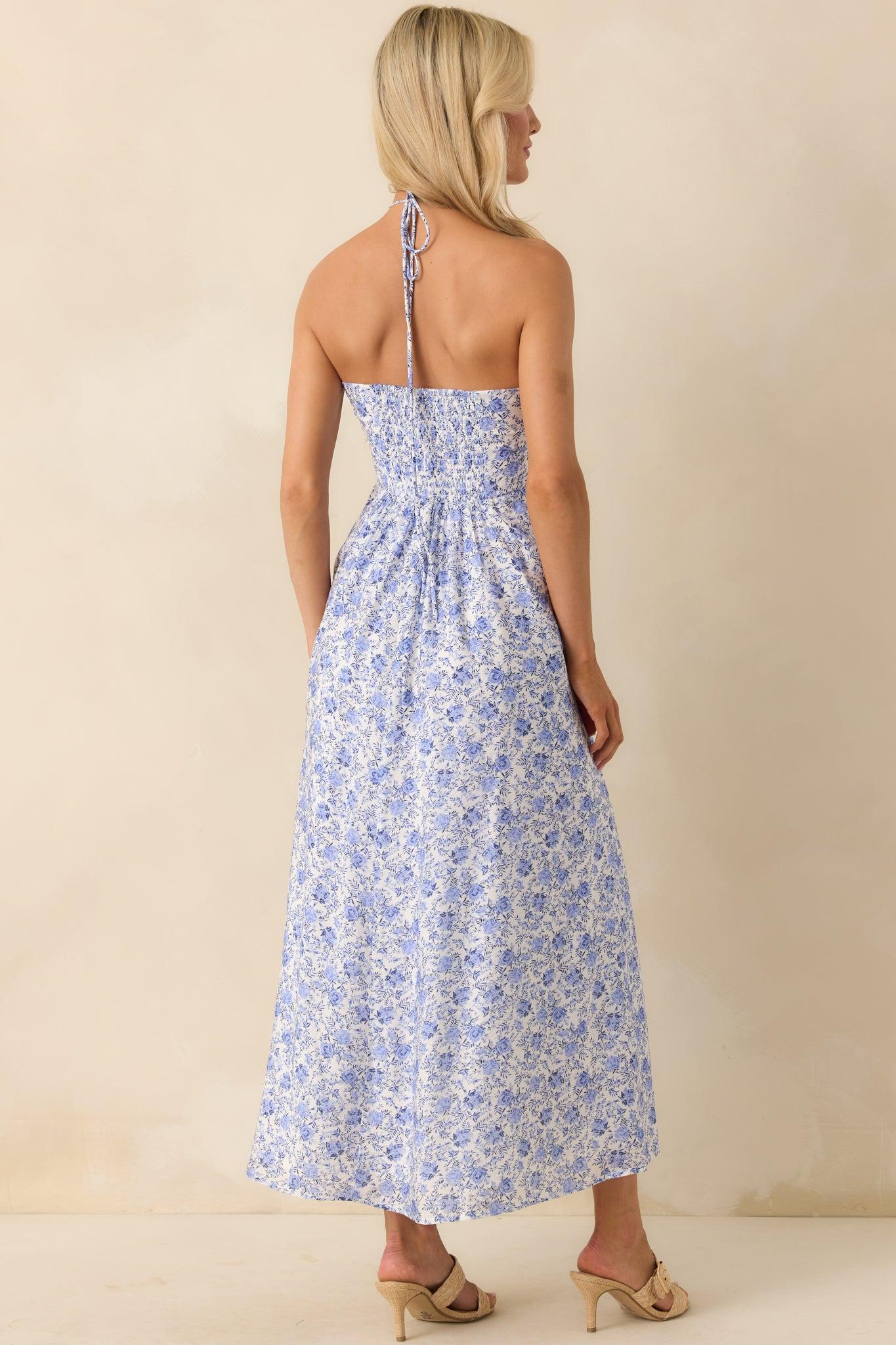 MINKPINK Blue Floral Print Evelyn Halter Midi Dress Product Image