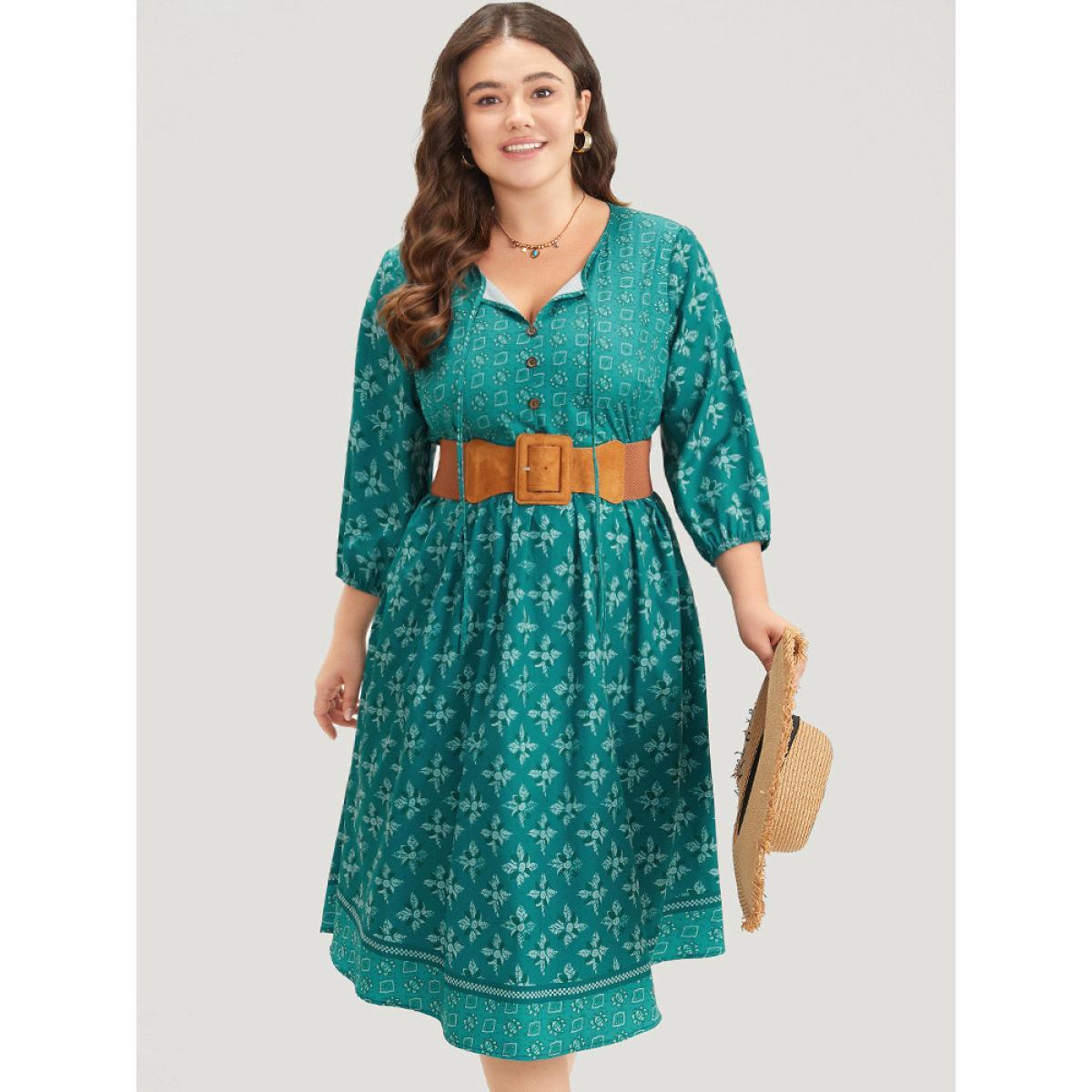 Plus Size Bandana Print Tie Neck Button Detail Dress Emerald Women Vacation Elastic cuffs Tie Neck Elbow-length sleeve Curvy Midi Dress BloomChic 30/6X Product Image