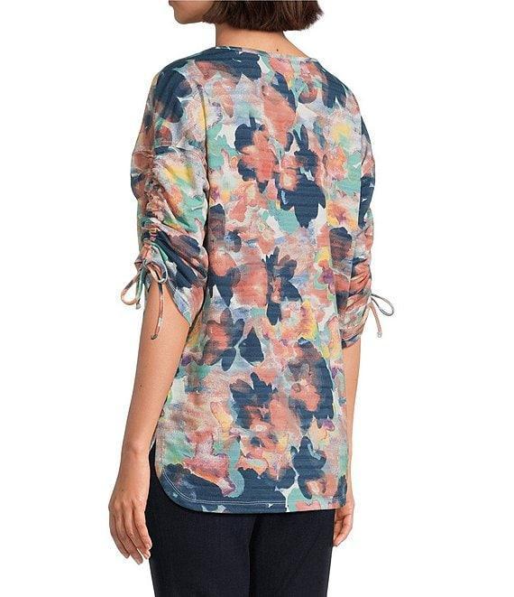 Westbound Knit Dark Denim Blur Floral 3/4 Ruched Sleeve Top Product Image