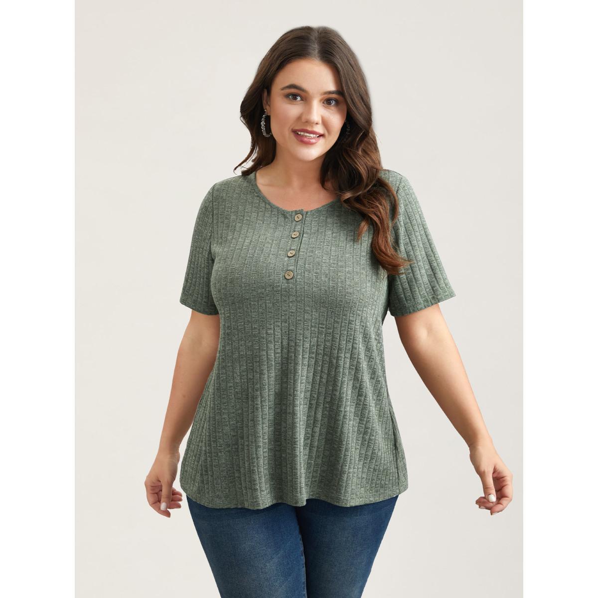 Plus Size Stretchy Textured Button Half Sleeve T-Shirt Sage Women Elegant Texture Round Neck Everyday T-shirts BloomChic 12/L Product Image