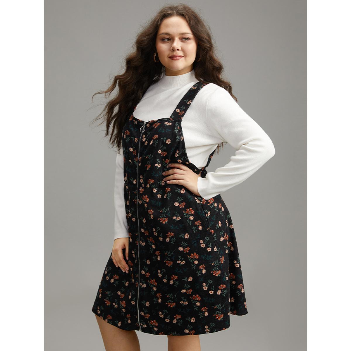 Plus Size Ditsy Floral Corduroy Pocket Zipper Fly Cami Dress Black Women Casual Printed Square Neck Sleeveless Curvy Knee Dress BloomChic 10/M Product Image